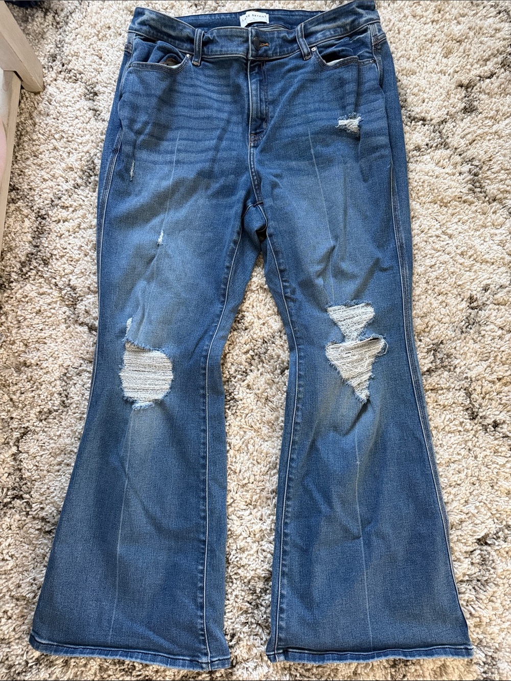Lane Bryant Distressed Flare Jeans in Blue Denim